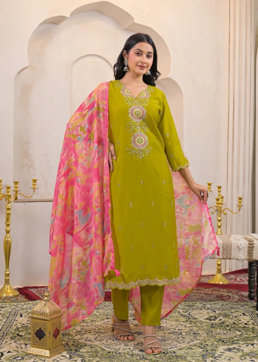 Women's Green Festive Three Quarter Sleeves Viscose Salwar Suit with Dupatta