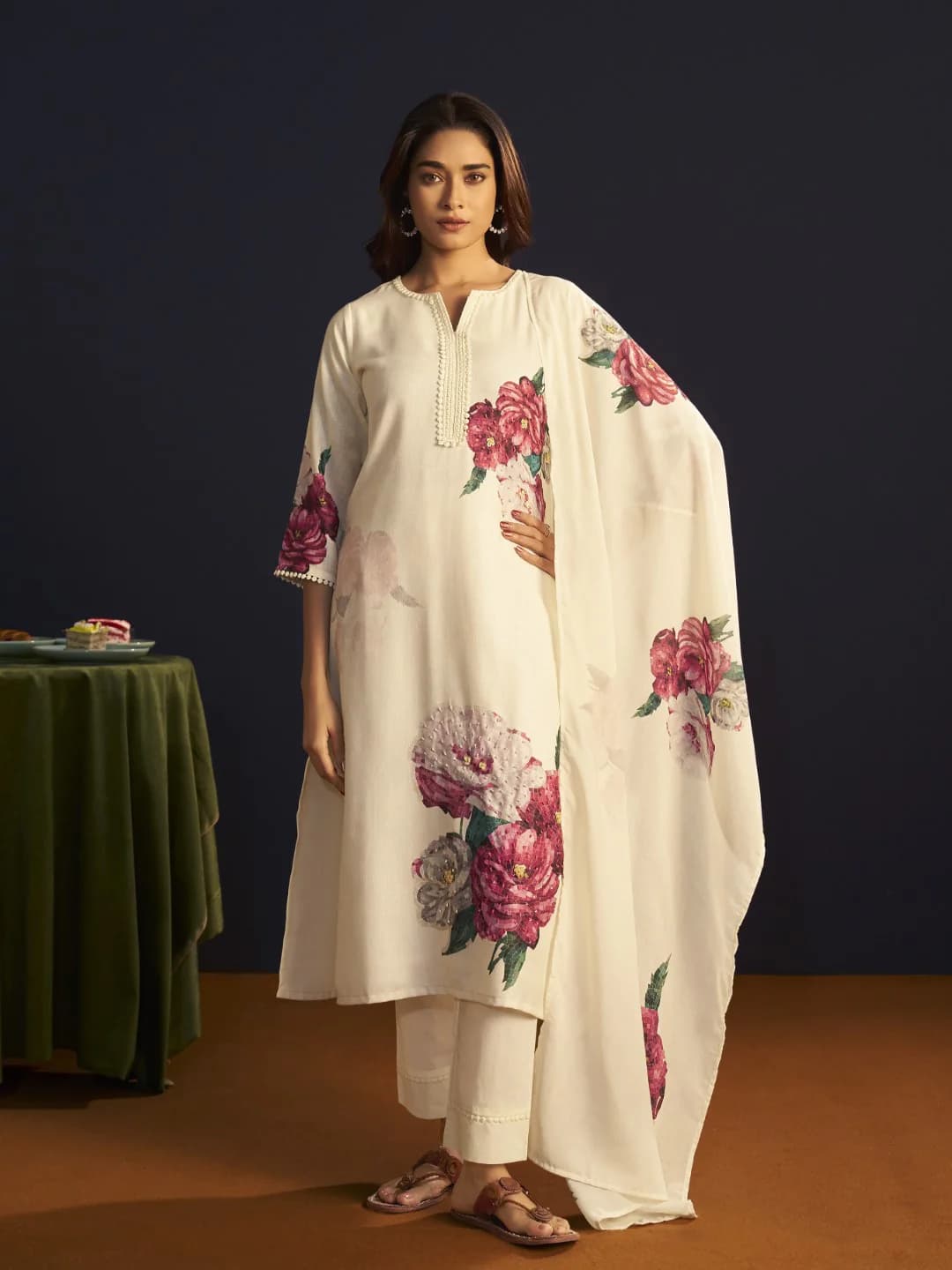 Women's Off White Festive Three Quarter Sleeves Cotton Salwar Suit