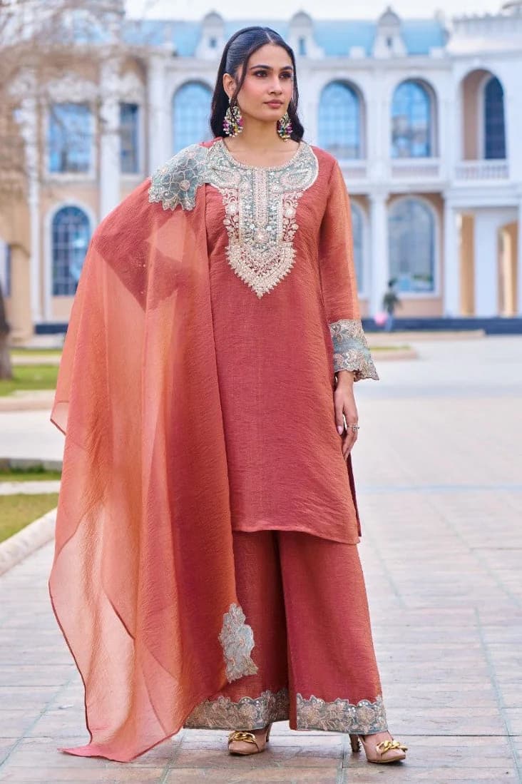 Women's Brown Festive Three Quarter Sleeves Cotton Salwar Suit with Dupatta