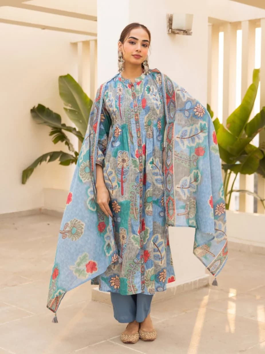 Women's Multicolor Festive Three Quarter Sleeves Cotton Salwar Suit with Dupatta