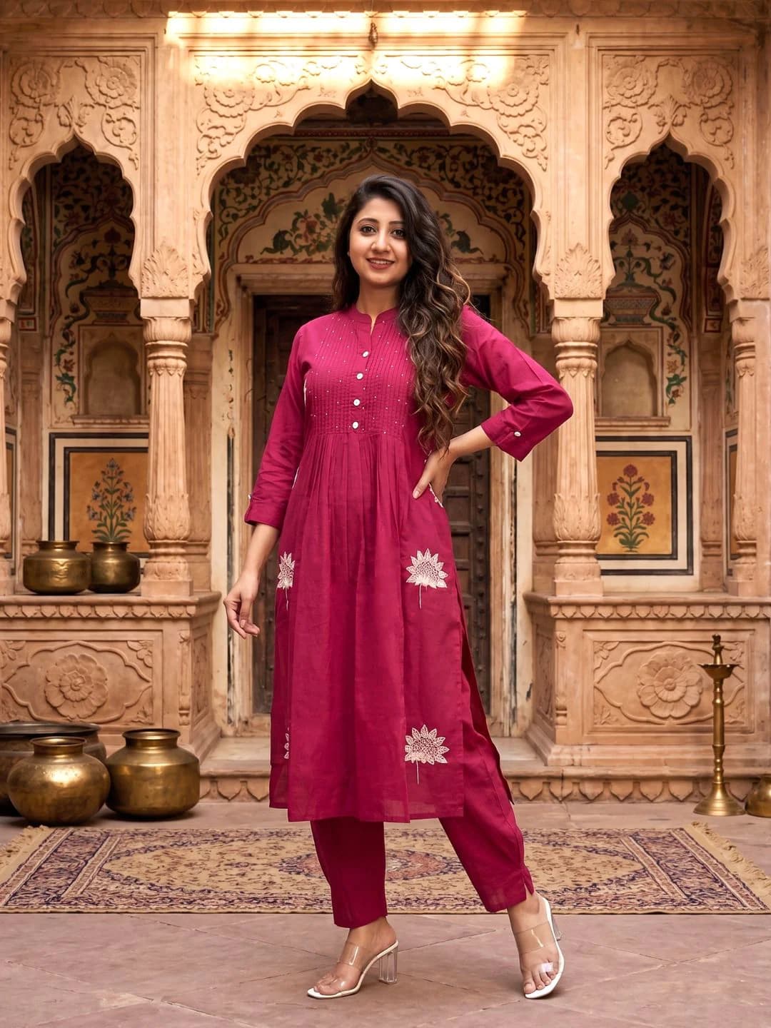 Women's Pink Festive Three Quarter Sleeves Cotton Kurta Set