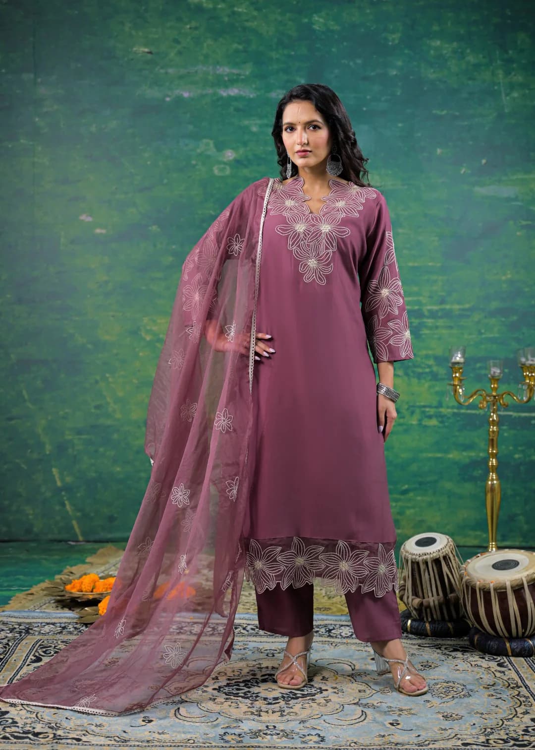 Women's Pink Festive Full Sleeves Viscose Salwar Suit with Dupatta