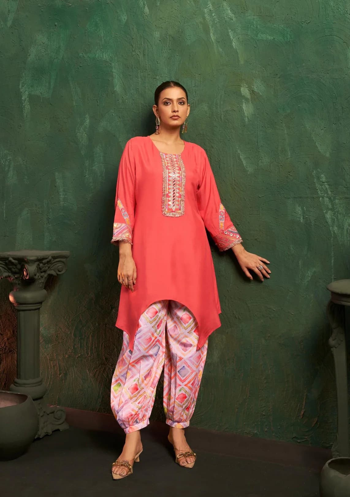 Women's Multicolor Festive Three Quarter Sleeves Cotton Kurta Set