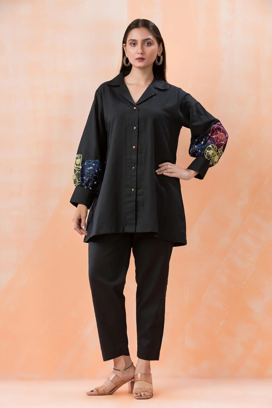 Women's Black Festive Full Sleeves Cotton Co-ords Set