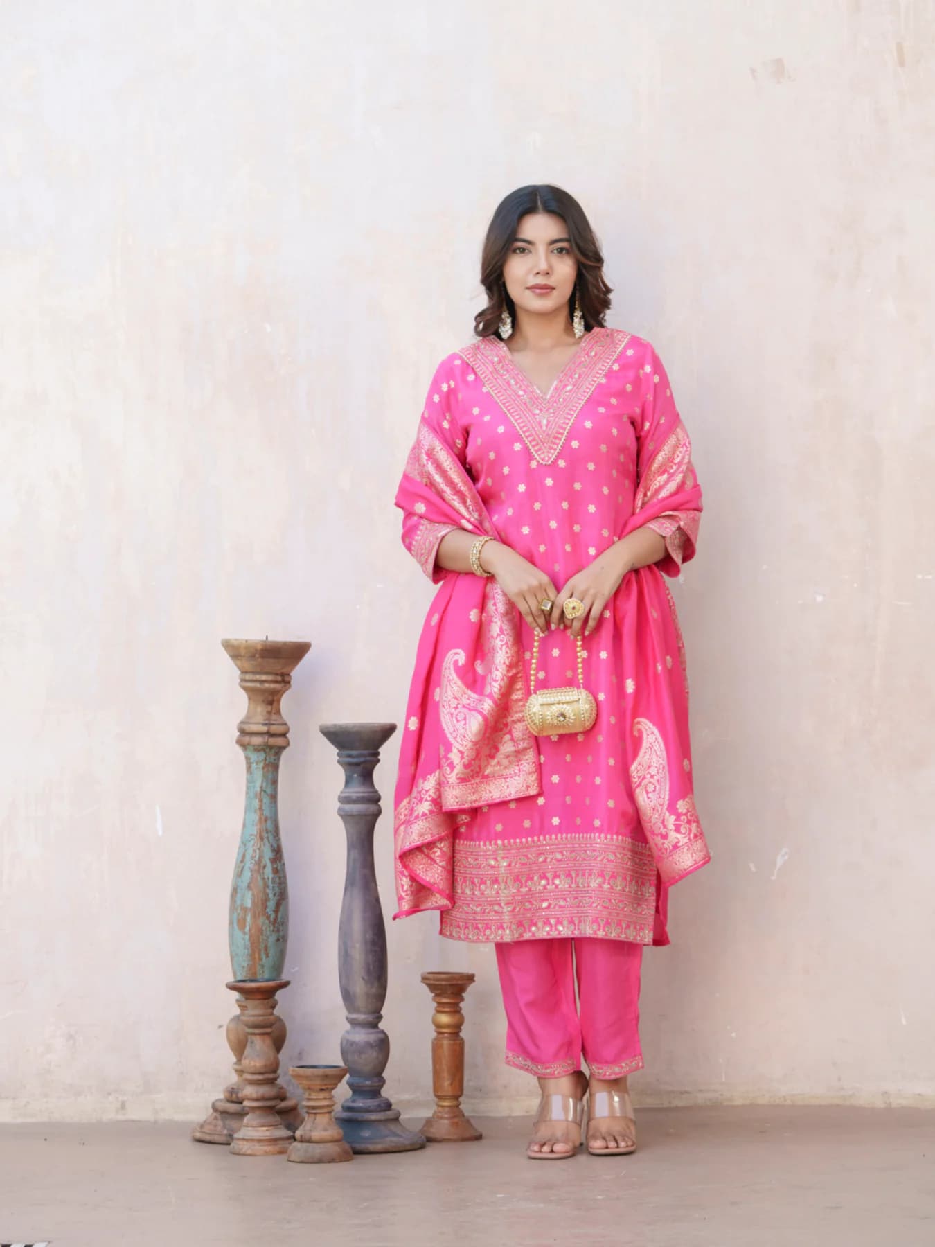 Women's Pink Festive Three Quarter Sleeves Cotton Salwar Suit with Dupatta
