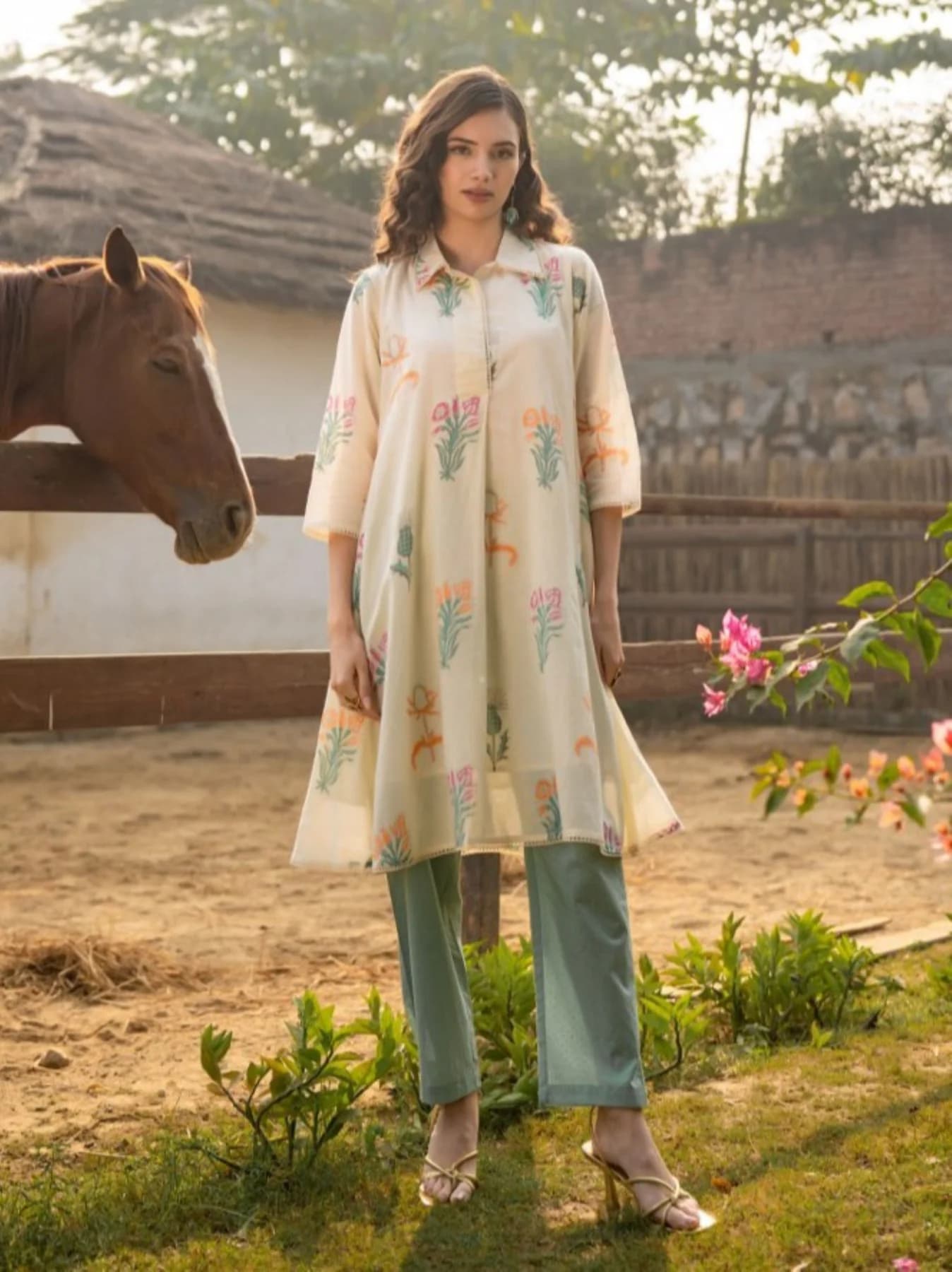Women's Multicolor Festive Three Quarter Sleeves Cotton Kurta Set