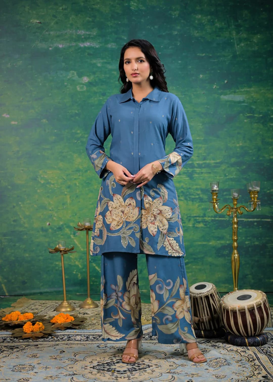 Women's Blue Festive Three Quarter Sleeves Viscose Co-ords Set