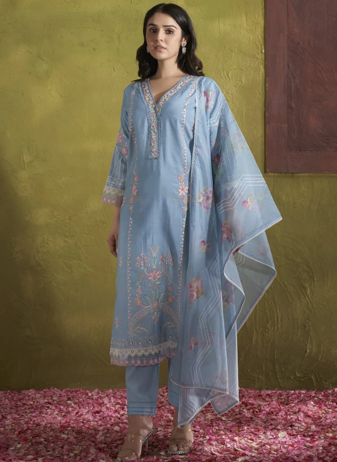 Women's Blue Festive Three Quarter Sleeves Cotton Salwar Suit with Dupatta