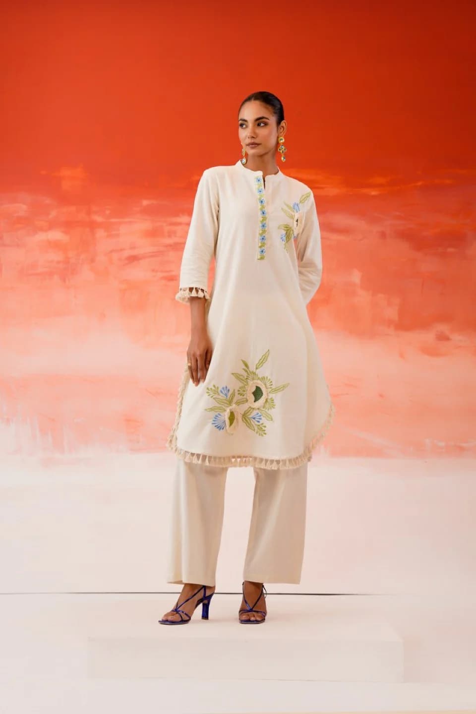 Women's Beige Festive Three Quarter Sleeves Cotton Co-ords Set