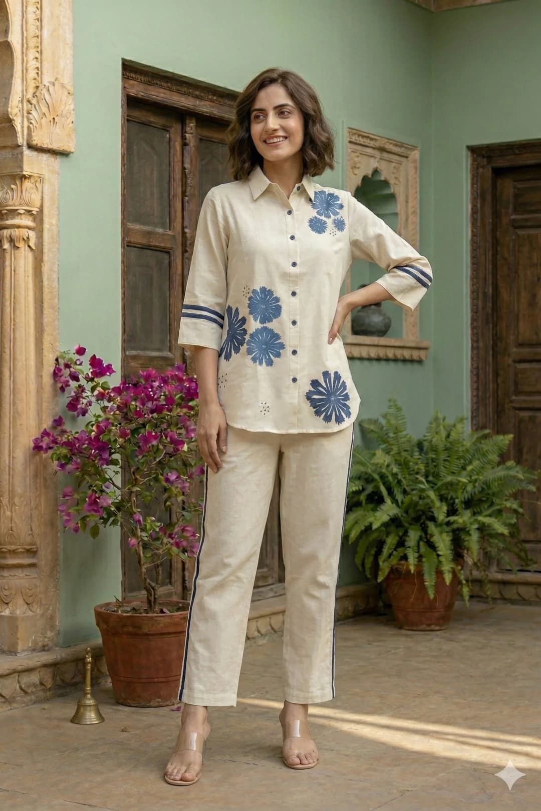 Women's Beige Festive Three Quarter Sleeves Cotton Co-ords Set
