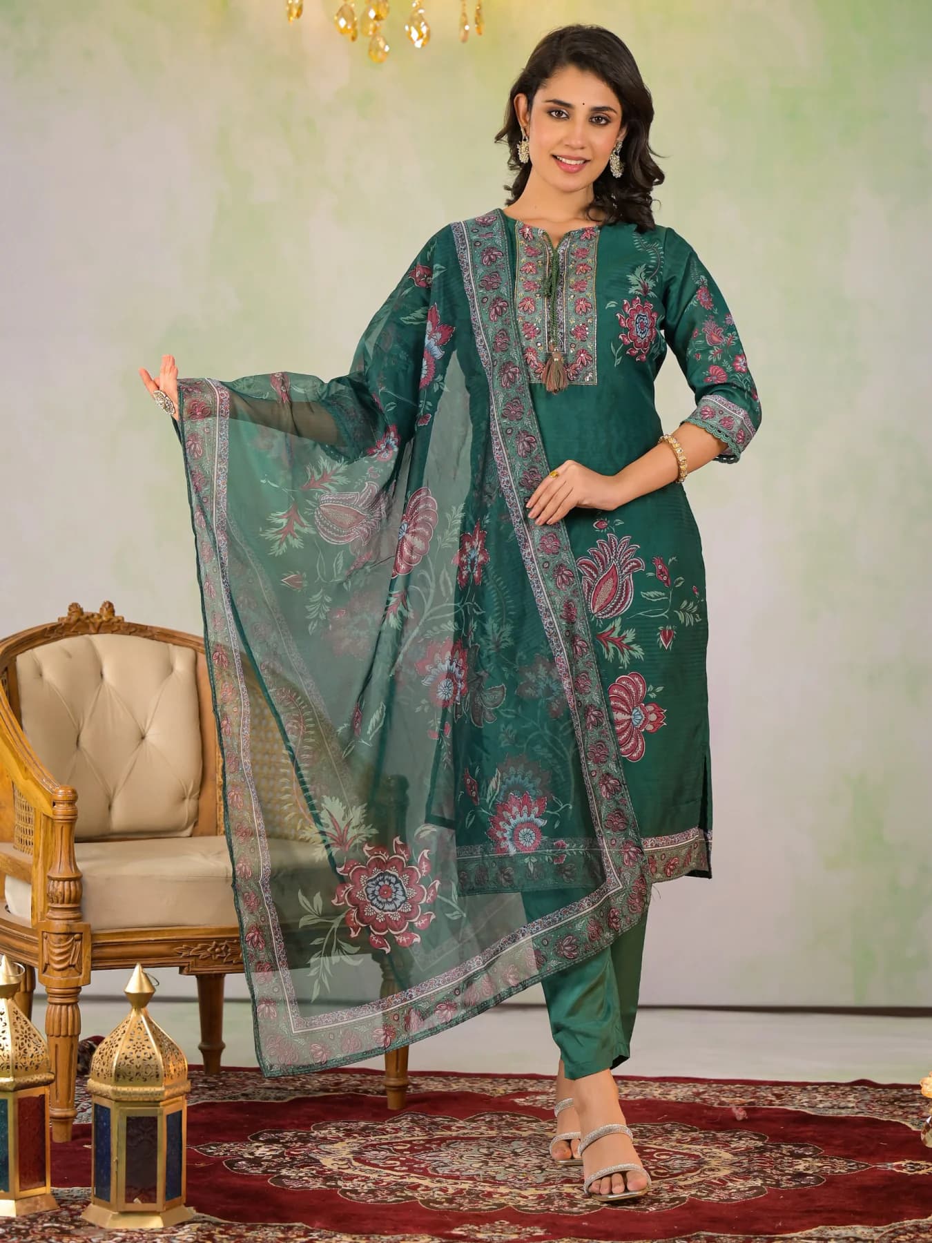 Women's Green Festive Three Quarter Sleeves Cotton Salwar Suit with Dupatta
