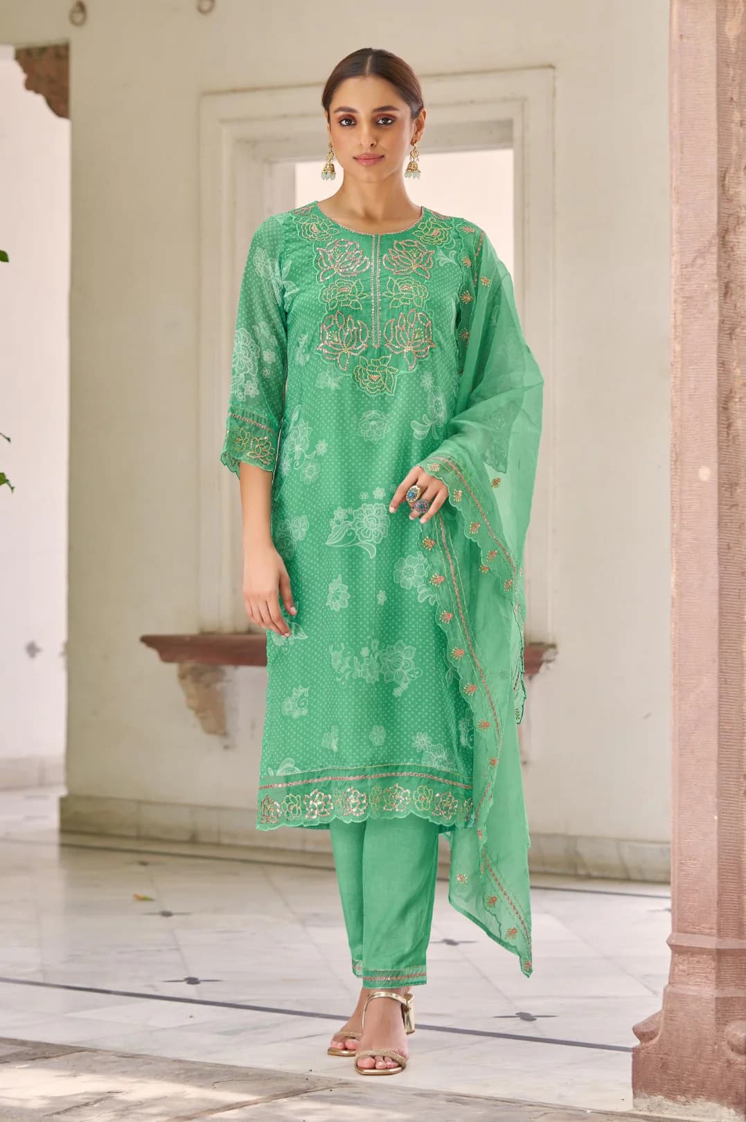 Women's Green Festive Three Quarter Sleeves Cotton Salwar Suit with Dupatta