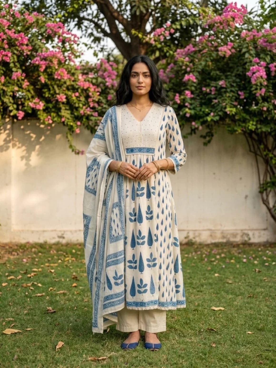 Women's Multicolor Festive Three Quarter Sleeves Cotton Salwar Suit with Dupatta