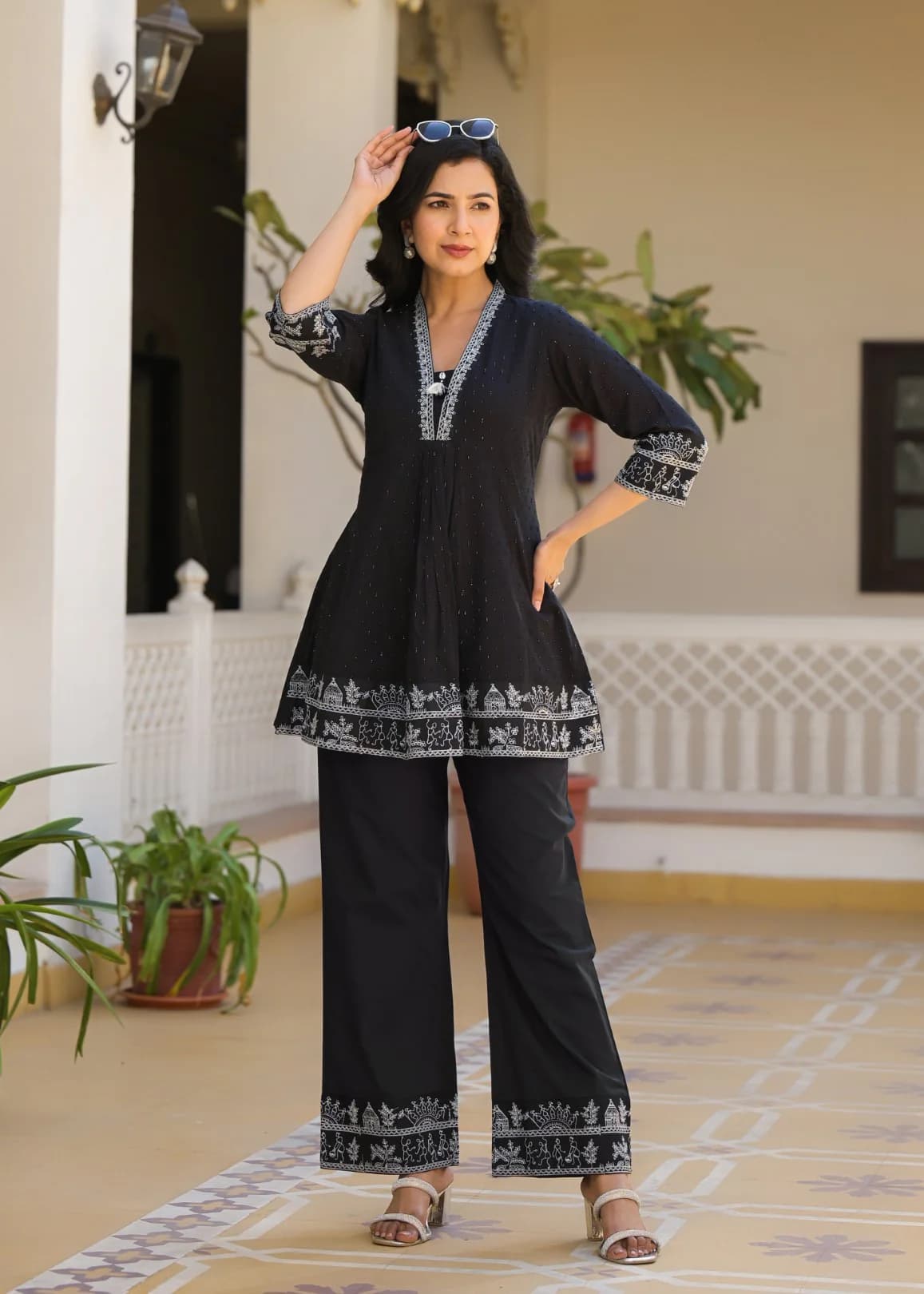 Women's Black Festive Three Quarter Sleeves Cotton Co-ords Set
