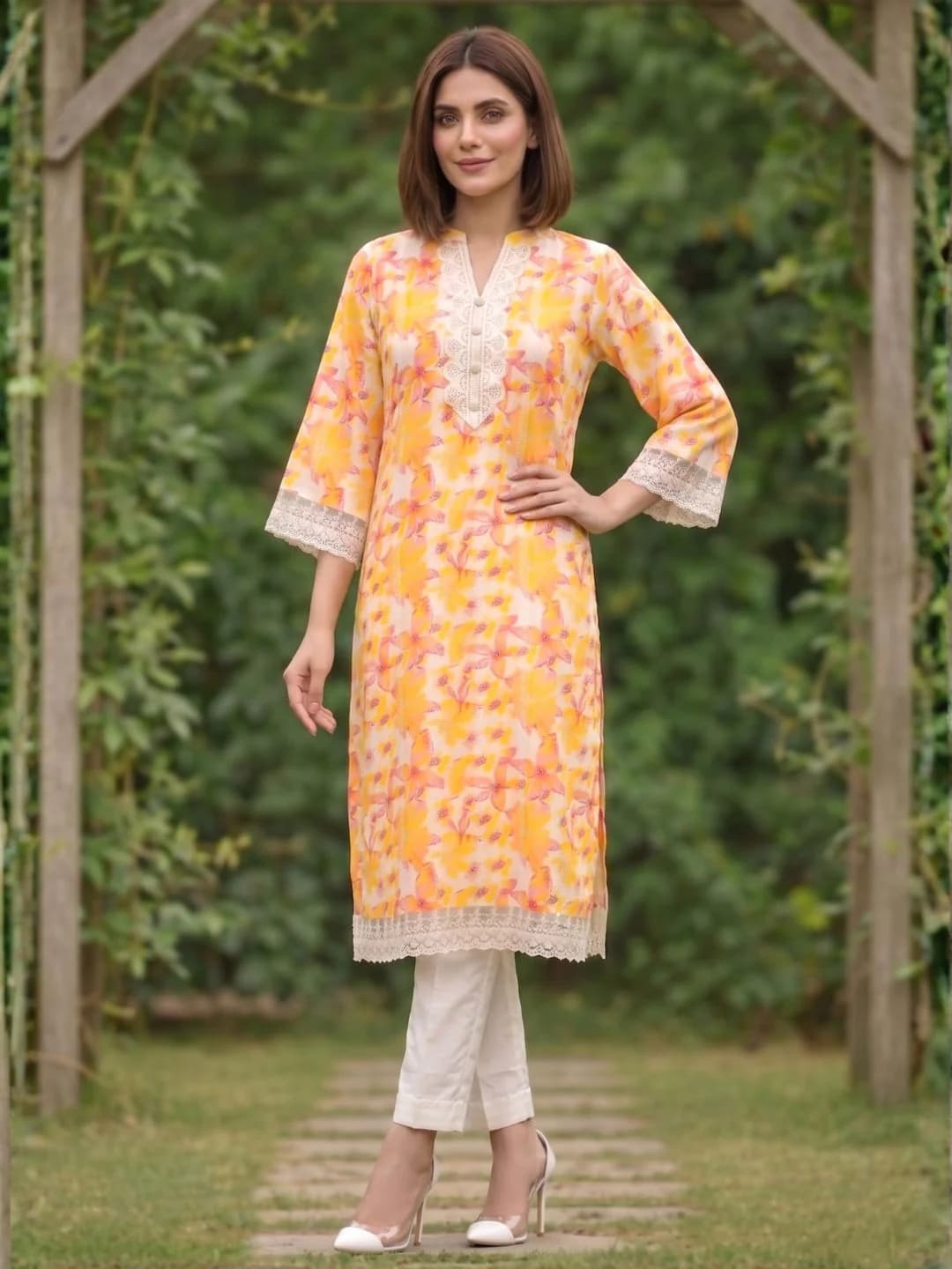 Women's Orange Festive Three Quarter Sleeves Cotton Kurta Set