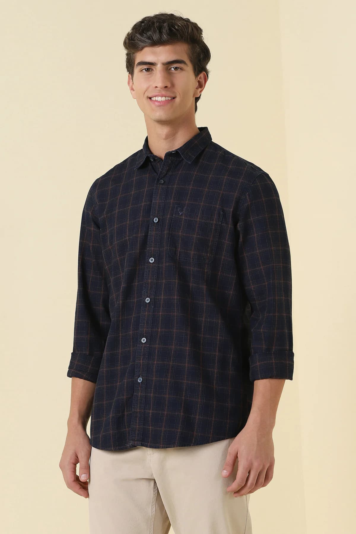Men's Navy Casual Checked Regular Fit Full Sleeves Cotton Shirt
