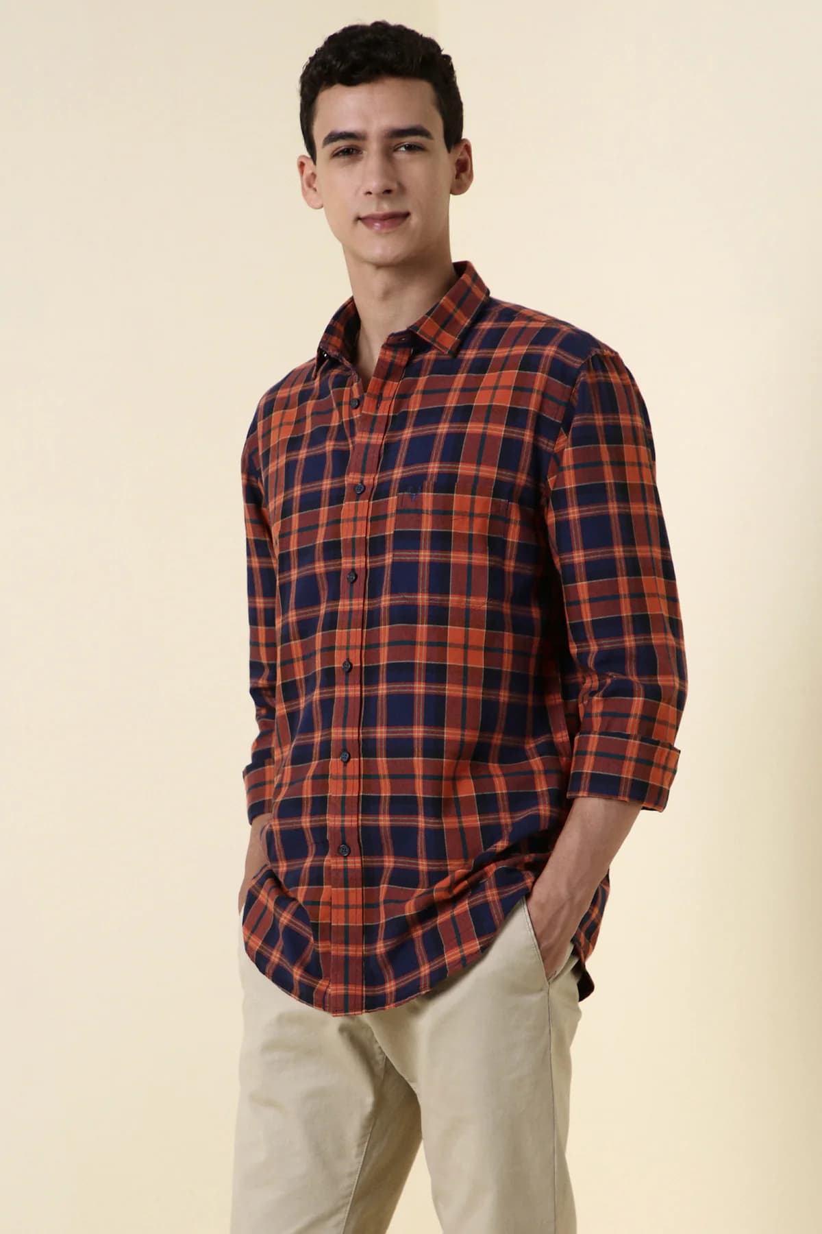 Men's Orange Casual Checked Regular Fit Full Sleeves Cotton Shirt