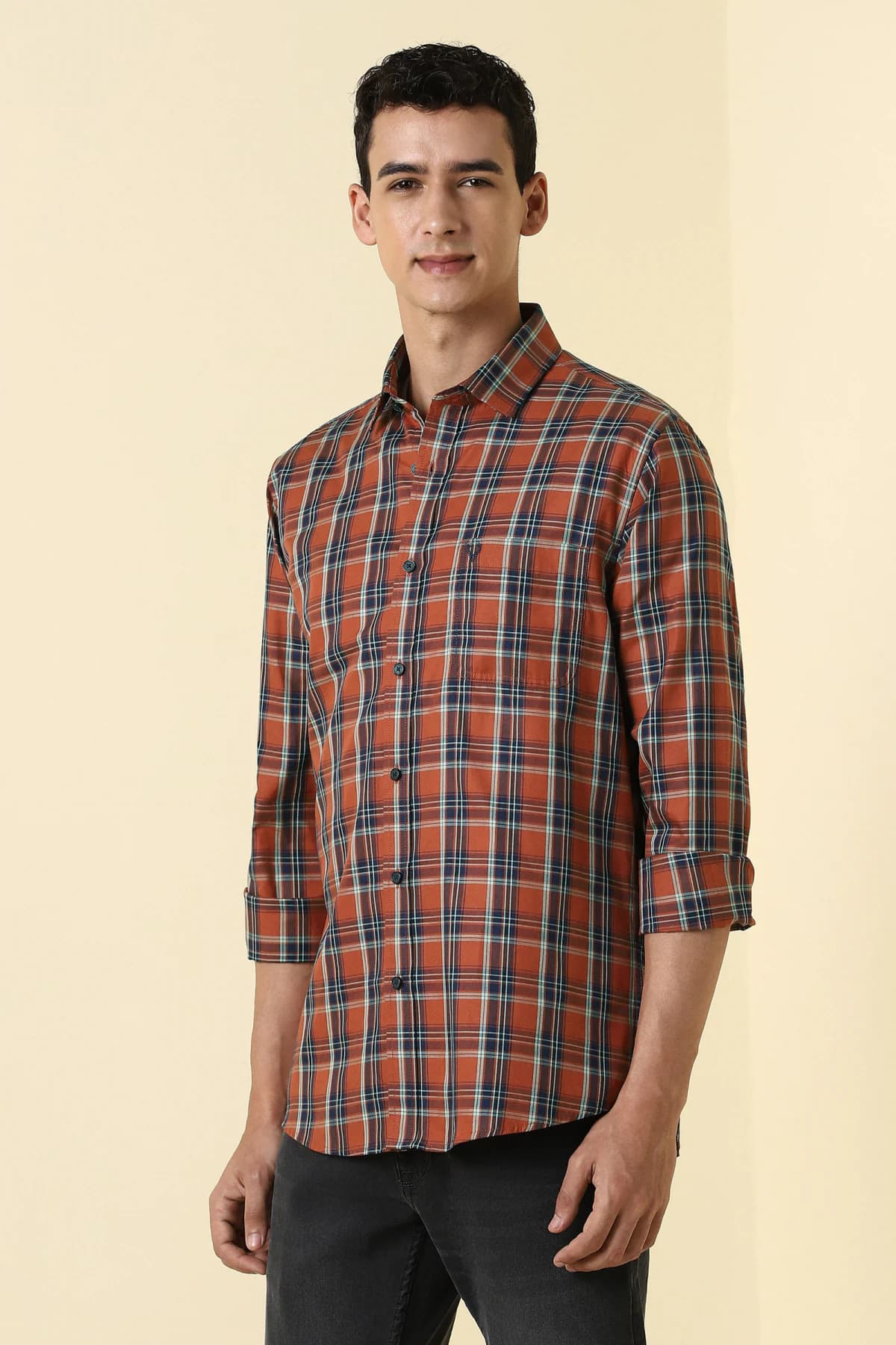 Men's Orange Casual Checked Regular Fit Full Sleeves Cotton Shirt