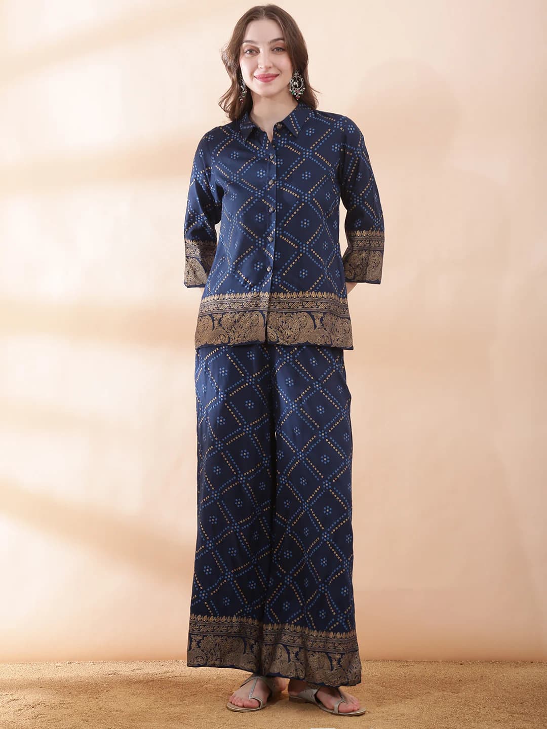 Women's Blue Party Regular Fit Printed Three Quarter Sleeves Co-ords Set