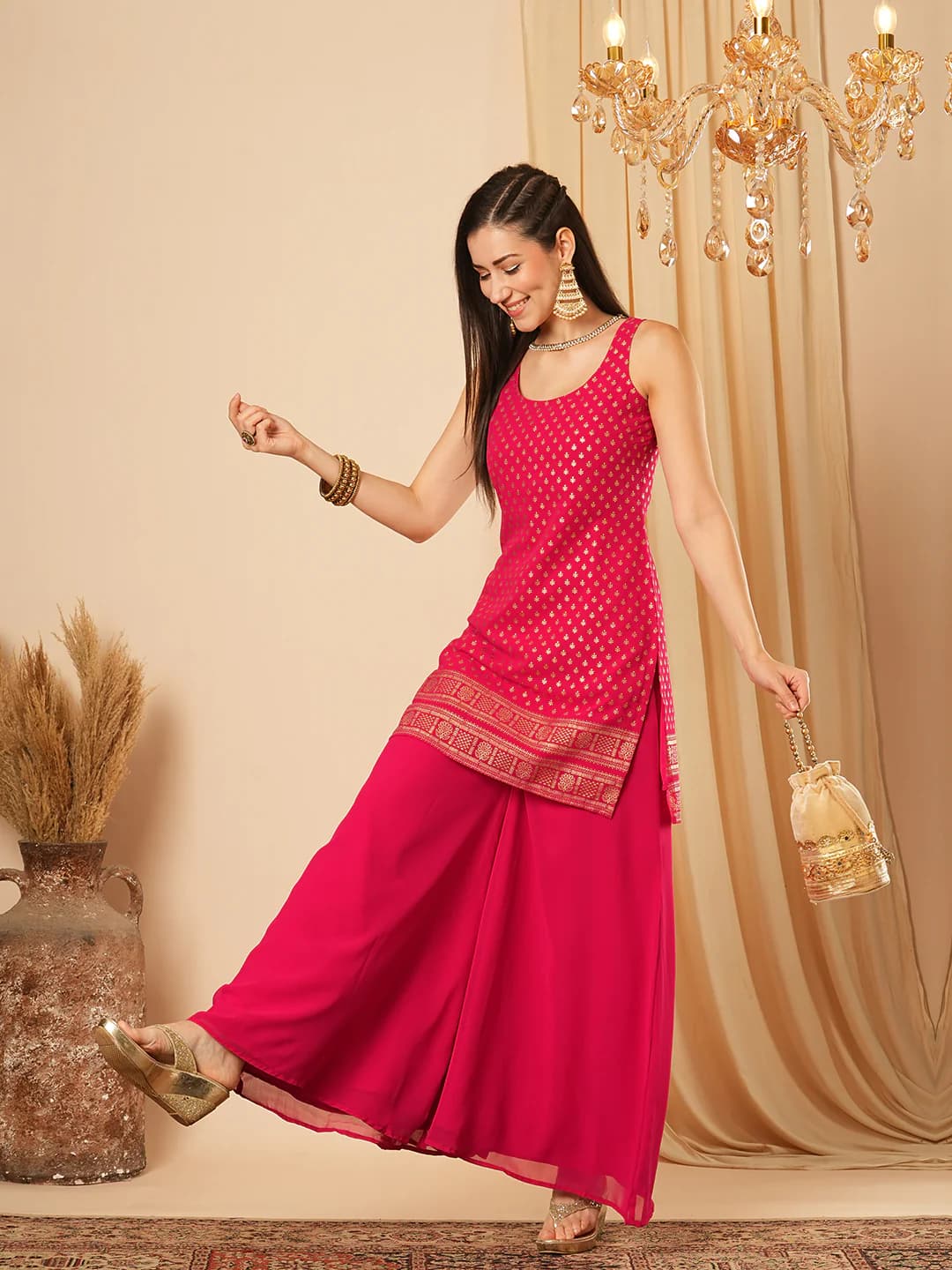 Women's Pink Party Regular Fit Printed Sleeveless Co-ords Set