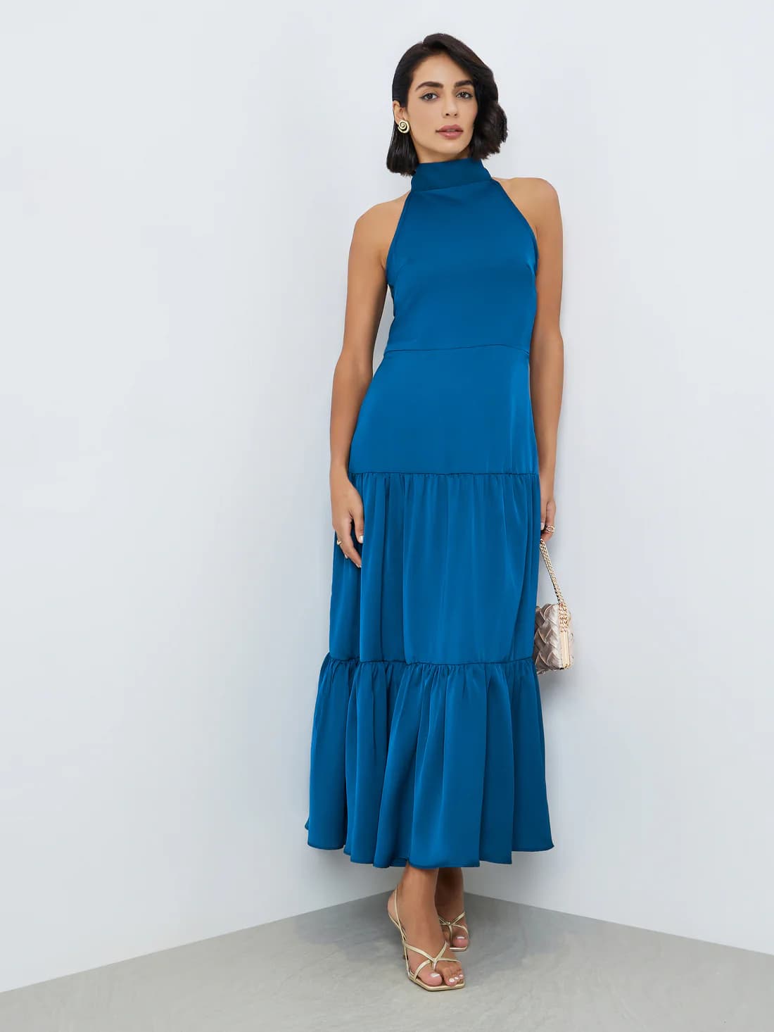 Women's Blue Solid Halter Neck A-Line Midi Dress