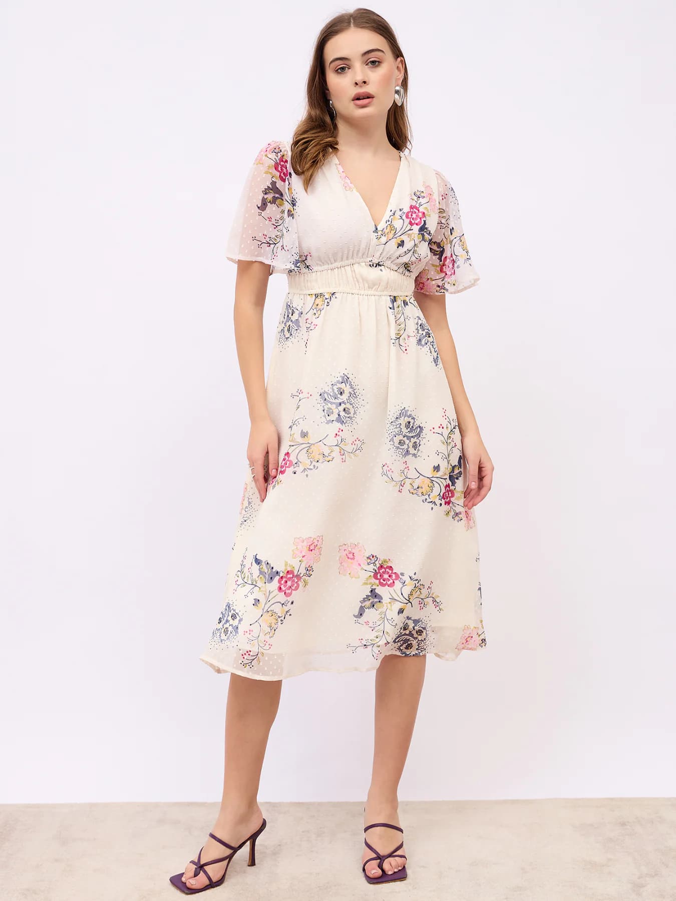 Women's White V-Neck Puff Sleeves Floral Print A-Line Midi Dress