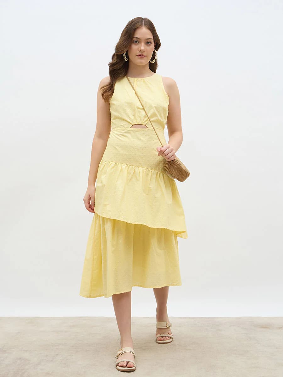 Women's Yellow A- Line Midi Length Layered Dress