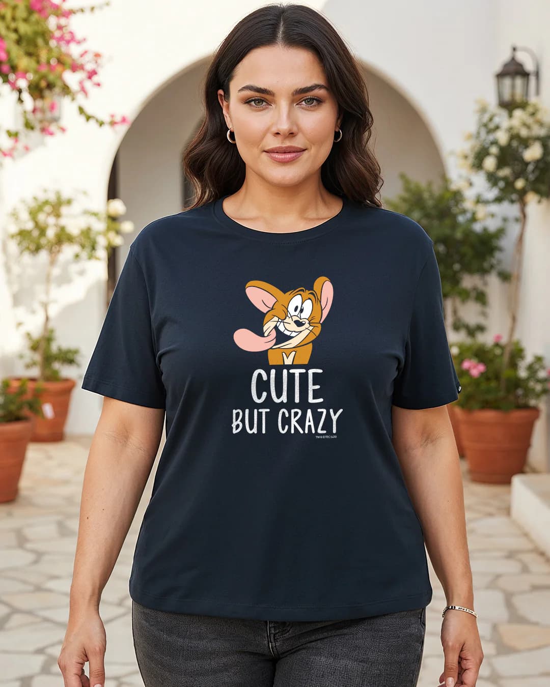 Women's Navy Blue Cute But Crazy Graphic Printed Plus Size Tshirt