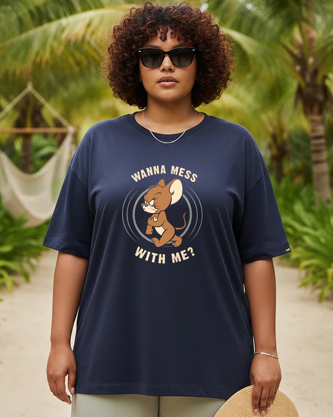 Women's Navy Blue Thug Jerry Graphic Printed Oversized Plus Size Tshirt