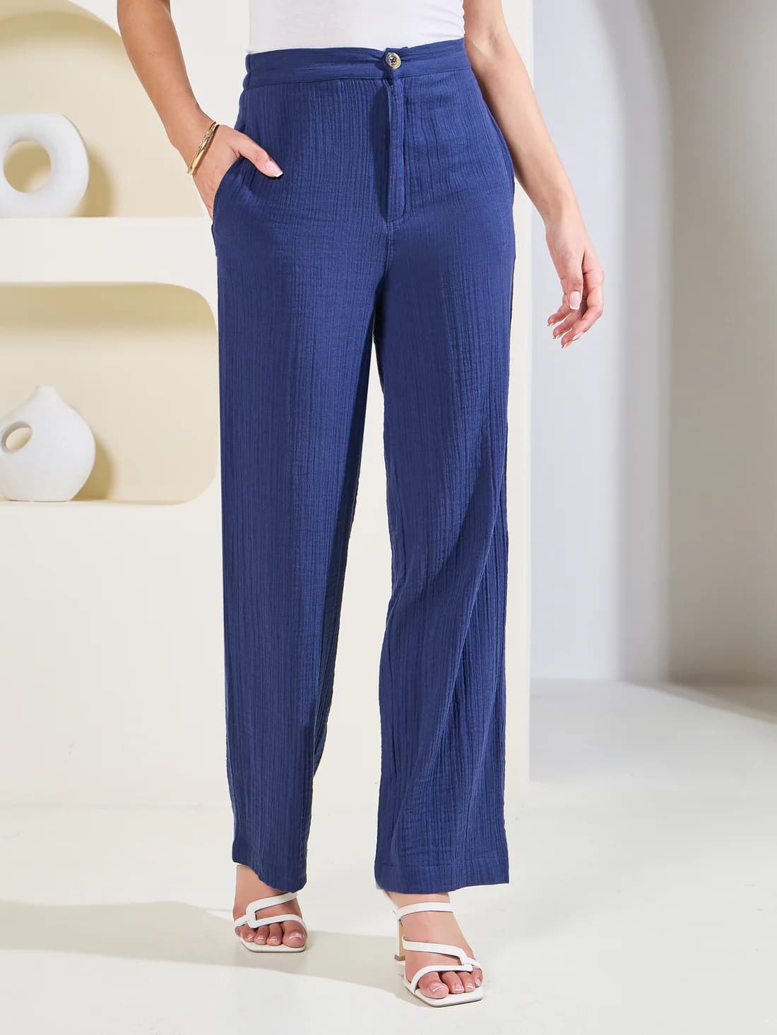 Women's Navy Casual Self-Design Flared Fit High Rise Trouser