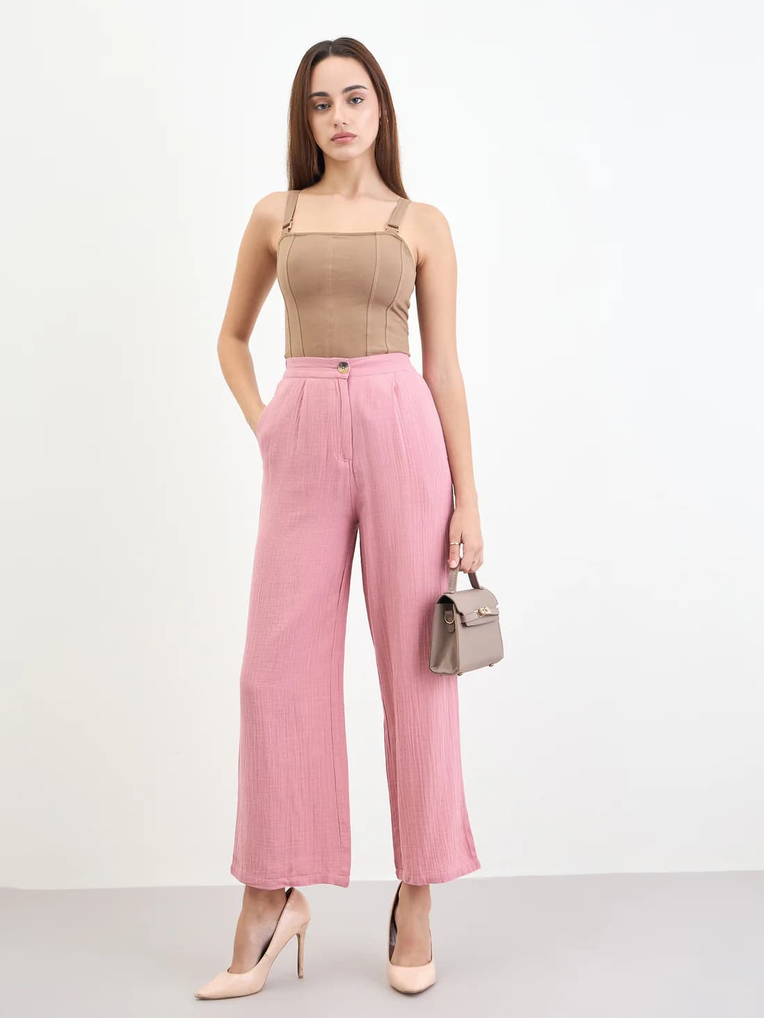 Women's Pink Casual Solid Straight Fit Mid Rise Trouser