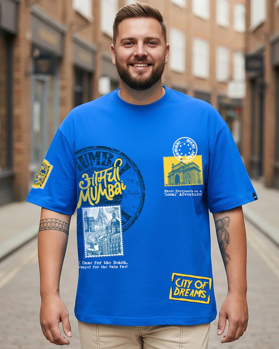 Men's Blue Aamchi Mumbai Graphic Printed Oversized Fit Plus Size Tshirt