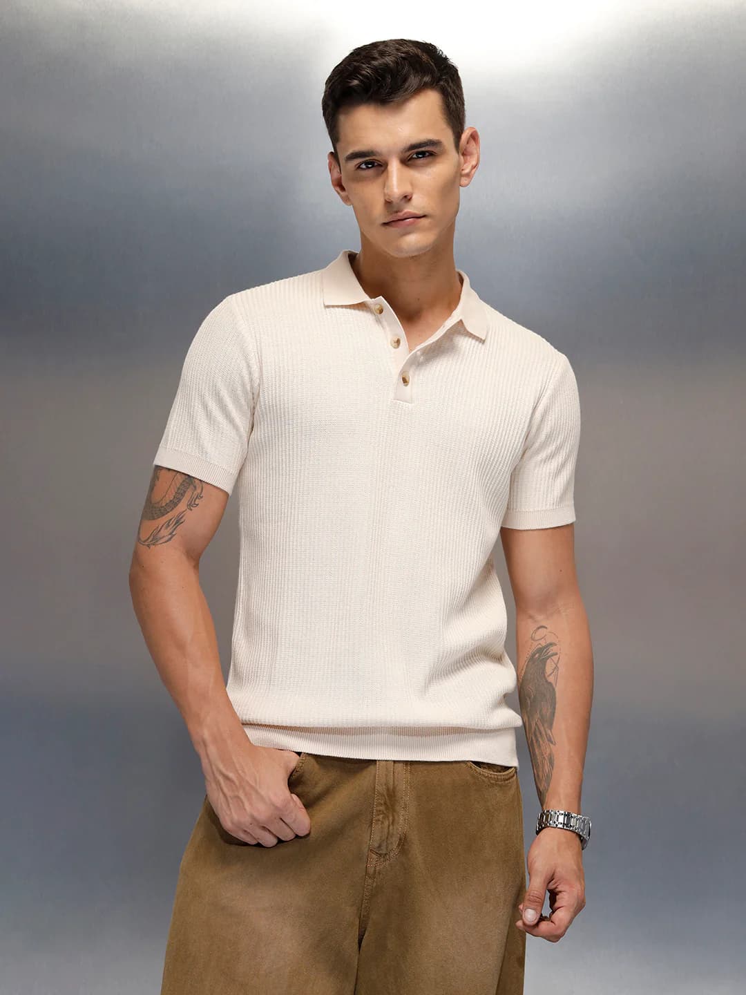 Men's Beige Casual Textured Knit Slim Fit Polo Tshirt