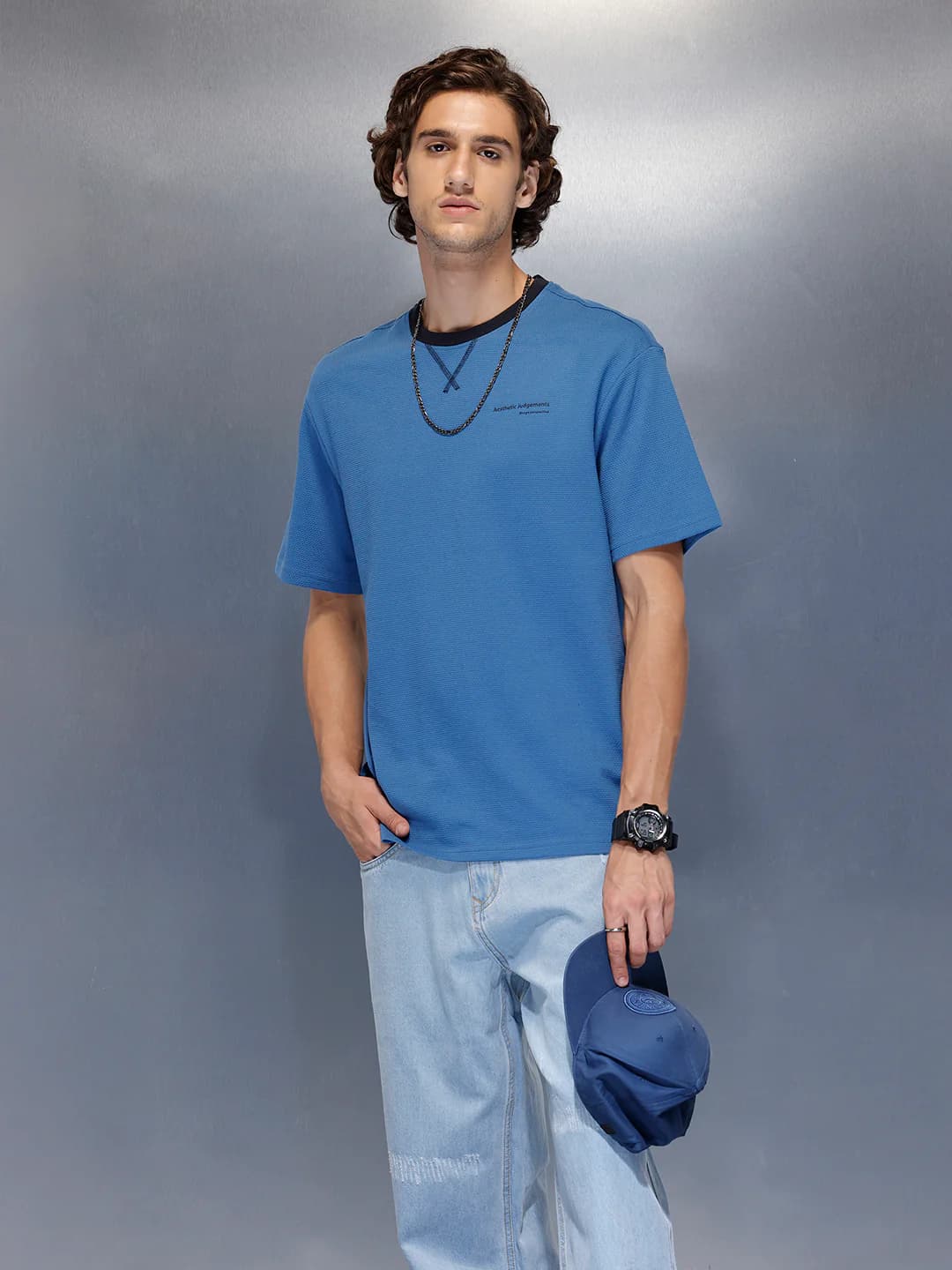 Men's Blue Minimal Contrast Neck Oversized Tshirt