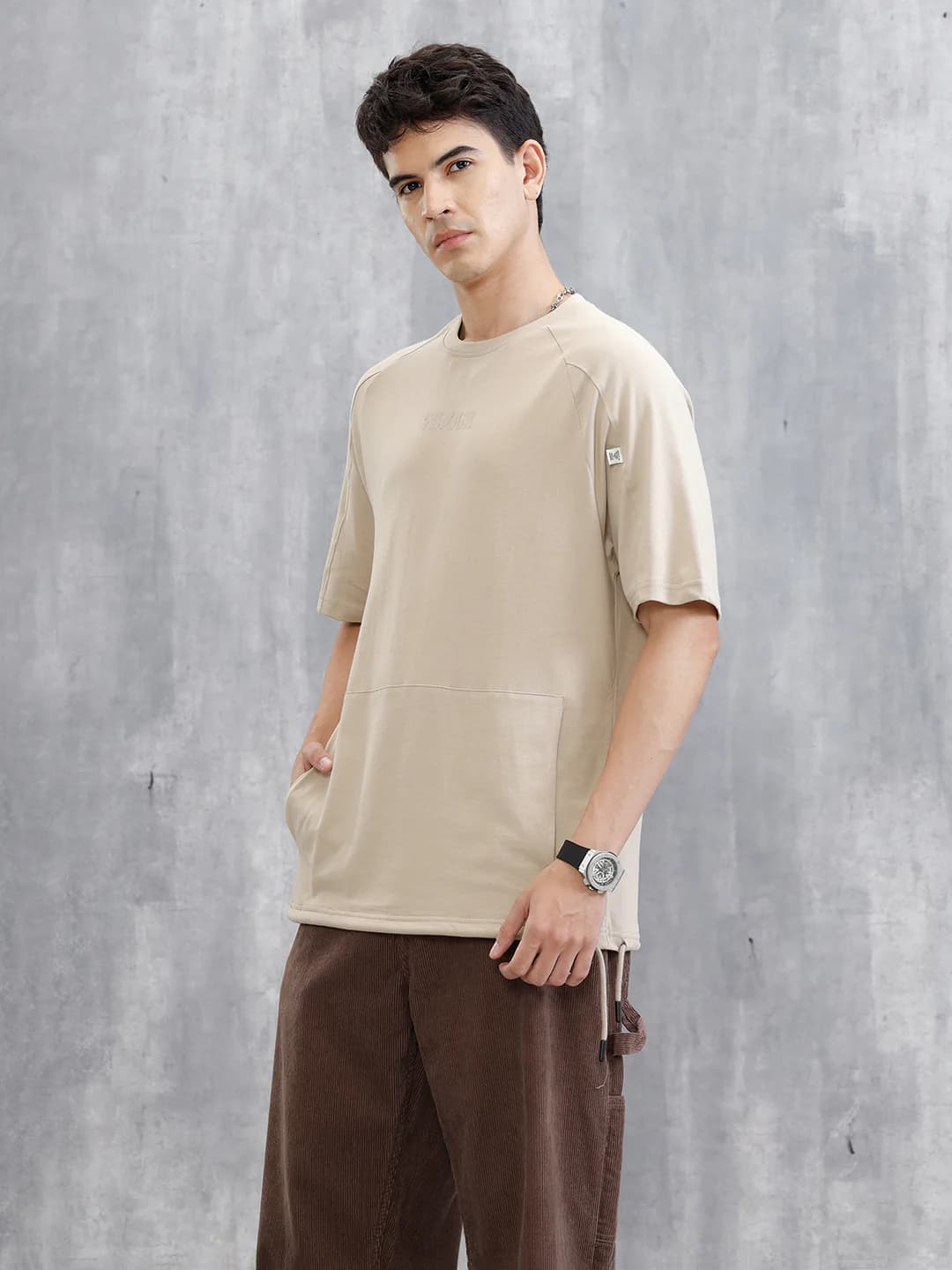 Men's Beige Casual Raglan Sleeve Patch Pocket Tshirt
