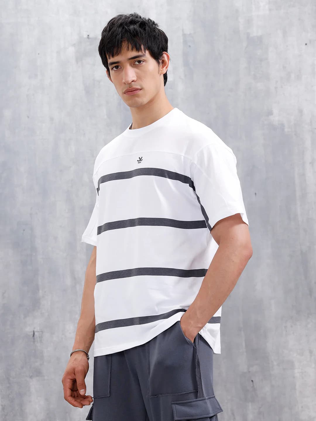 Men's White Casual Cut and Sew Striped Tshirt