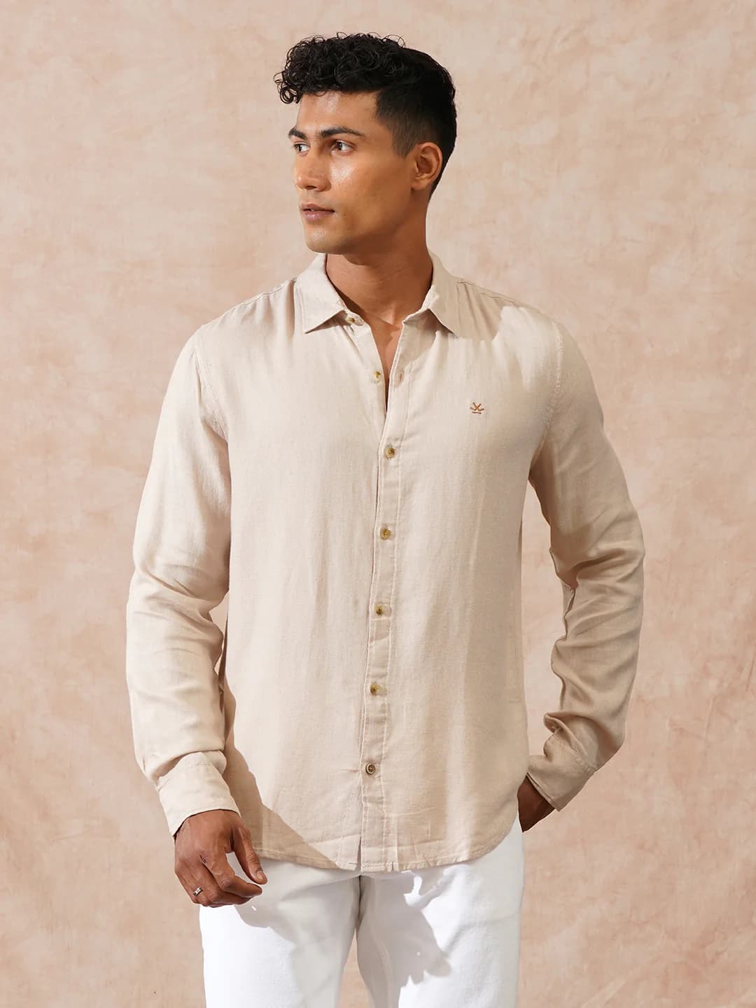 Men's Beige Casual Viscose Linen Slim Fit Shirt