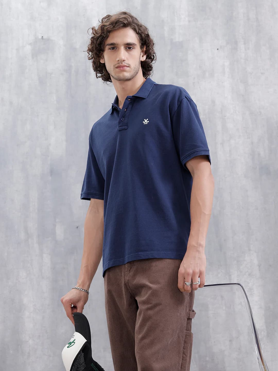 Men's Blue Casual Solid Oversized Fit Polo Collar Tshirt