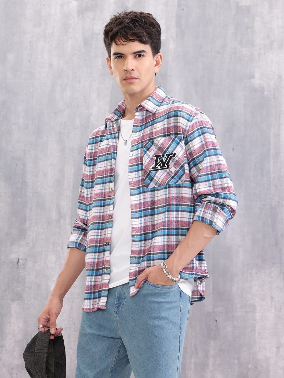 Men's Blue Textured Checked Patchwork Shirt