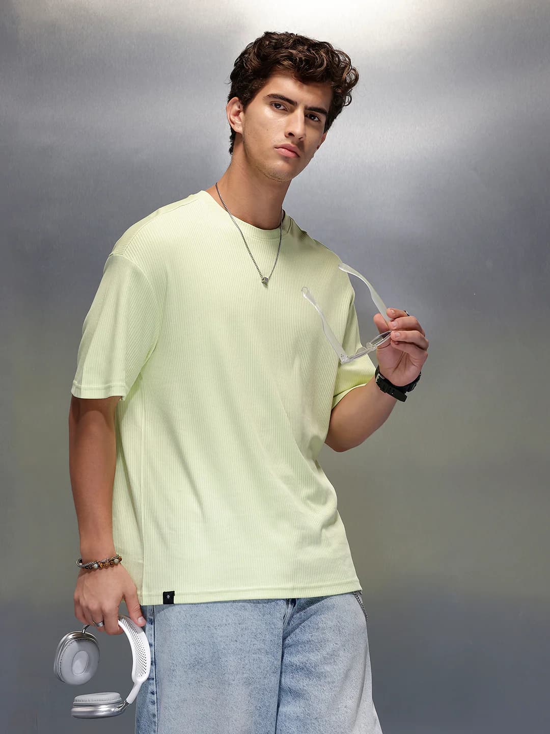 Men's Green Casual Solid Textured Regular Fit Tshirt