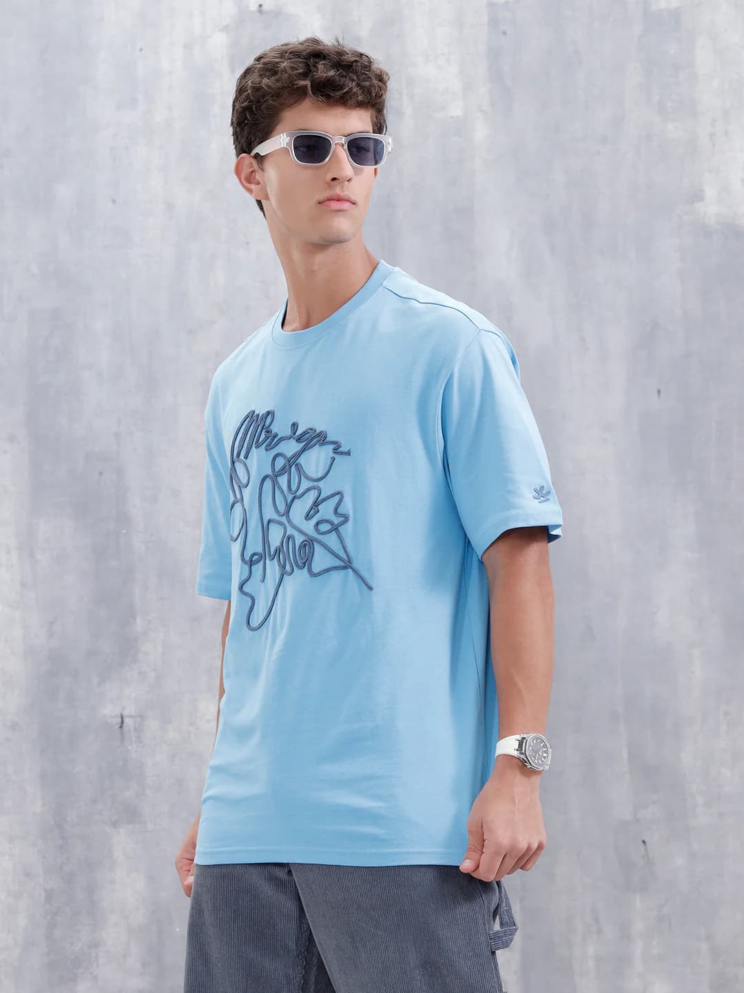 Men's Blue Casual Oversized Fit with Cord Detailing Tshirt