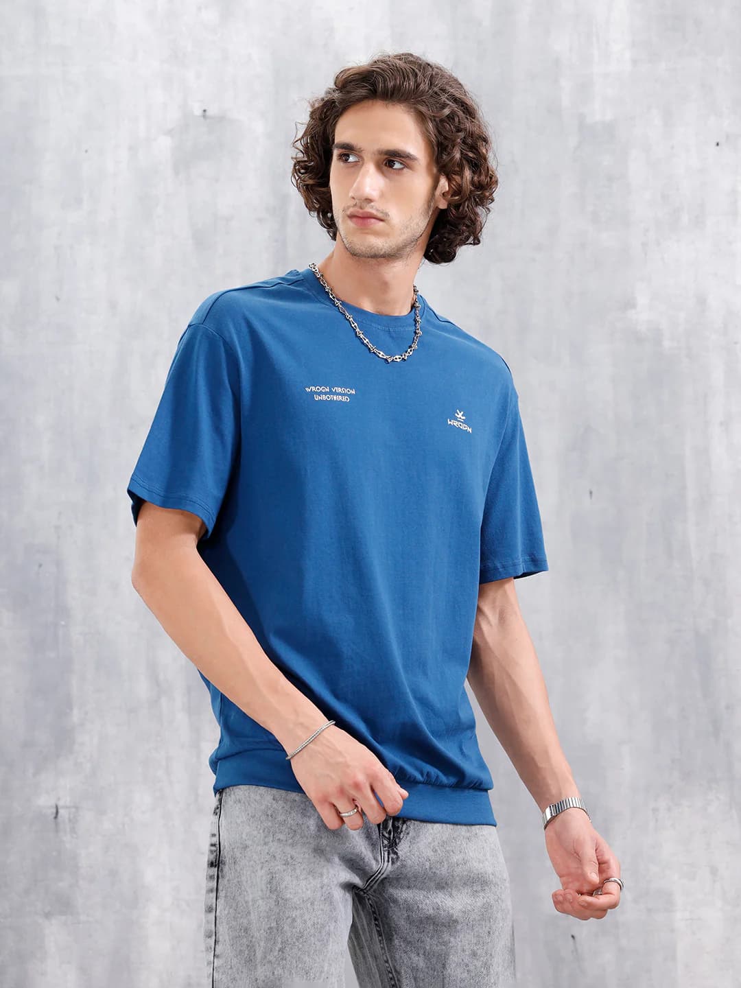 Men's Blue Oversized Round Neck Graphic Tshirt