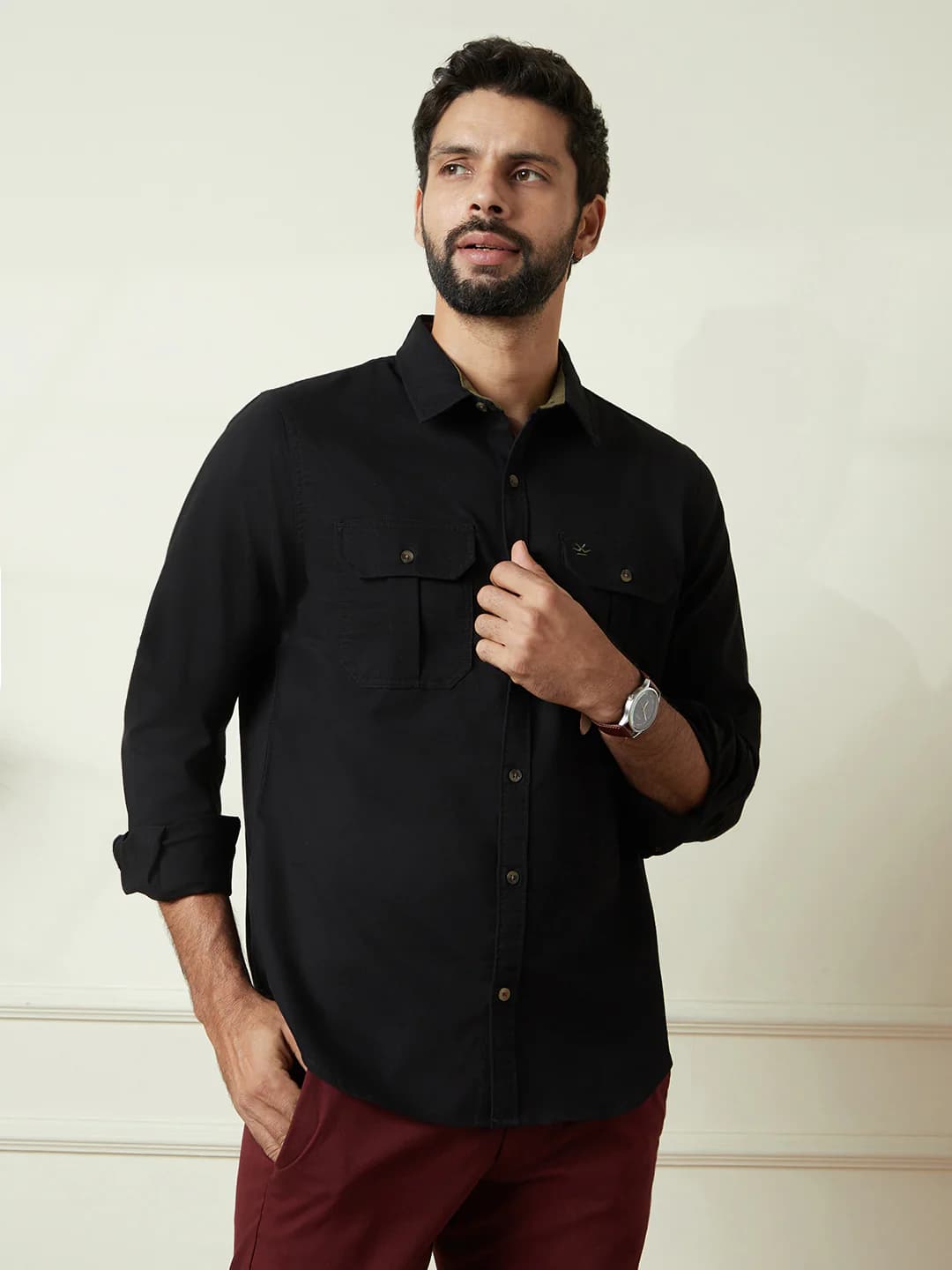 Men's Black Casual Fine Corduroy Slim Fit Shirt
