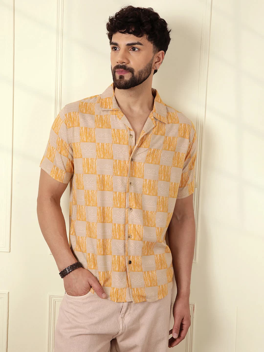 Men's Yellow Casual AOP Fluid Viscose Shirt