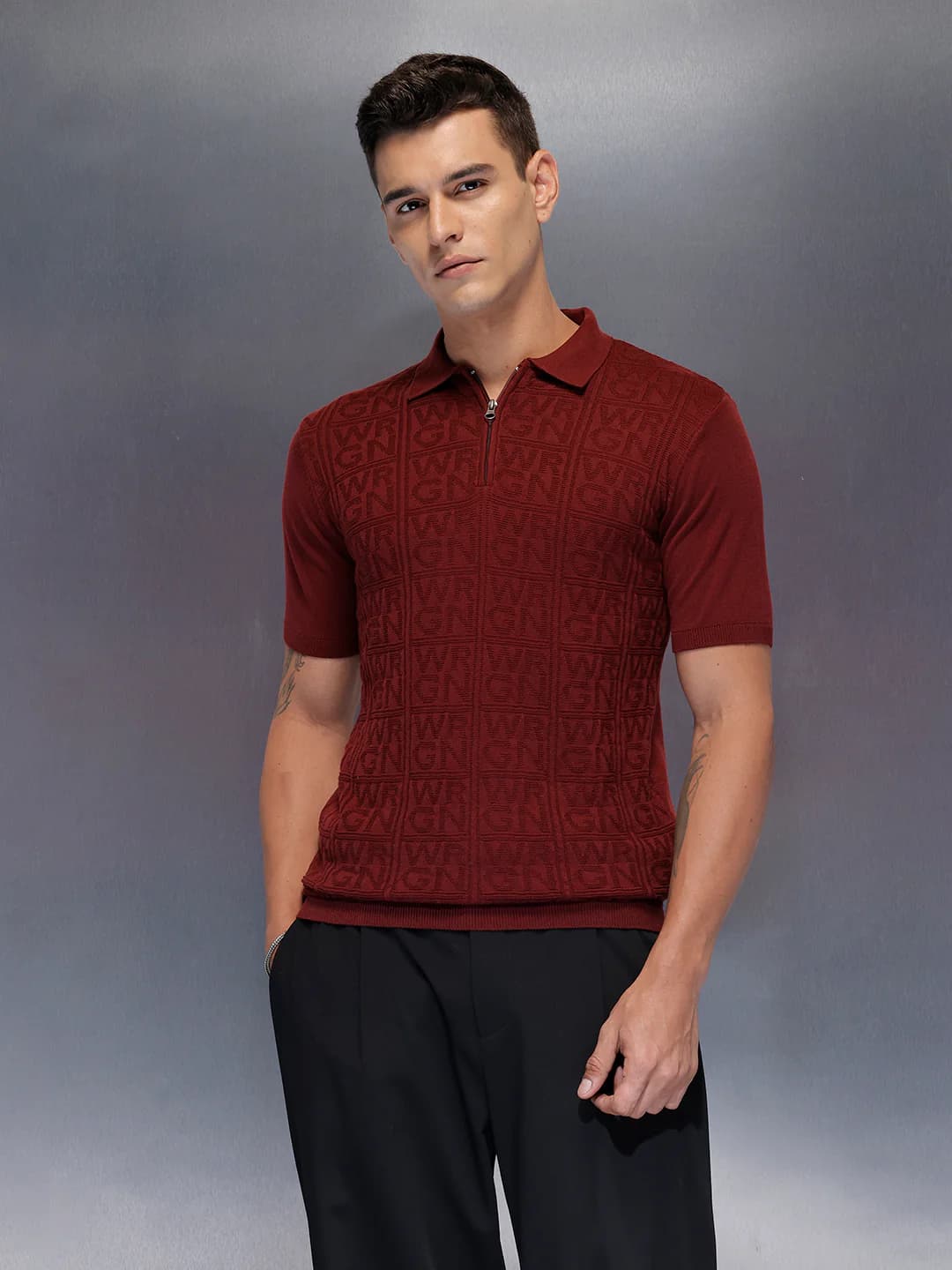 Men's Red Slim Fit Self Design Fabric Polo Tshirt