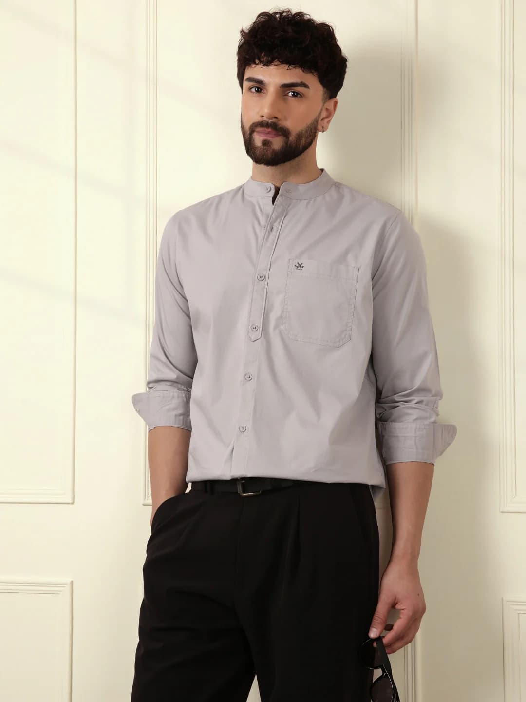 Men's Grey Casual Oxford Mandarin Collar Shirt