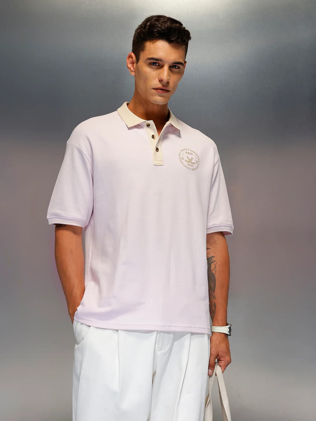 Men's Pink Casual Oversized Contrast Collar and Graphic Chest Print Polo Tshirt