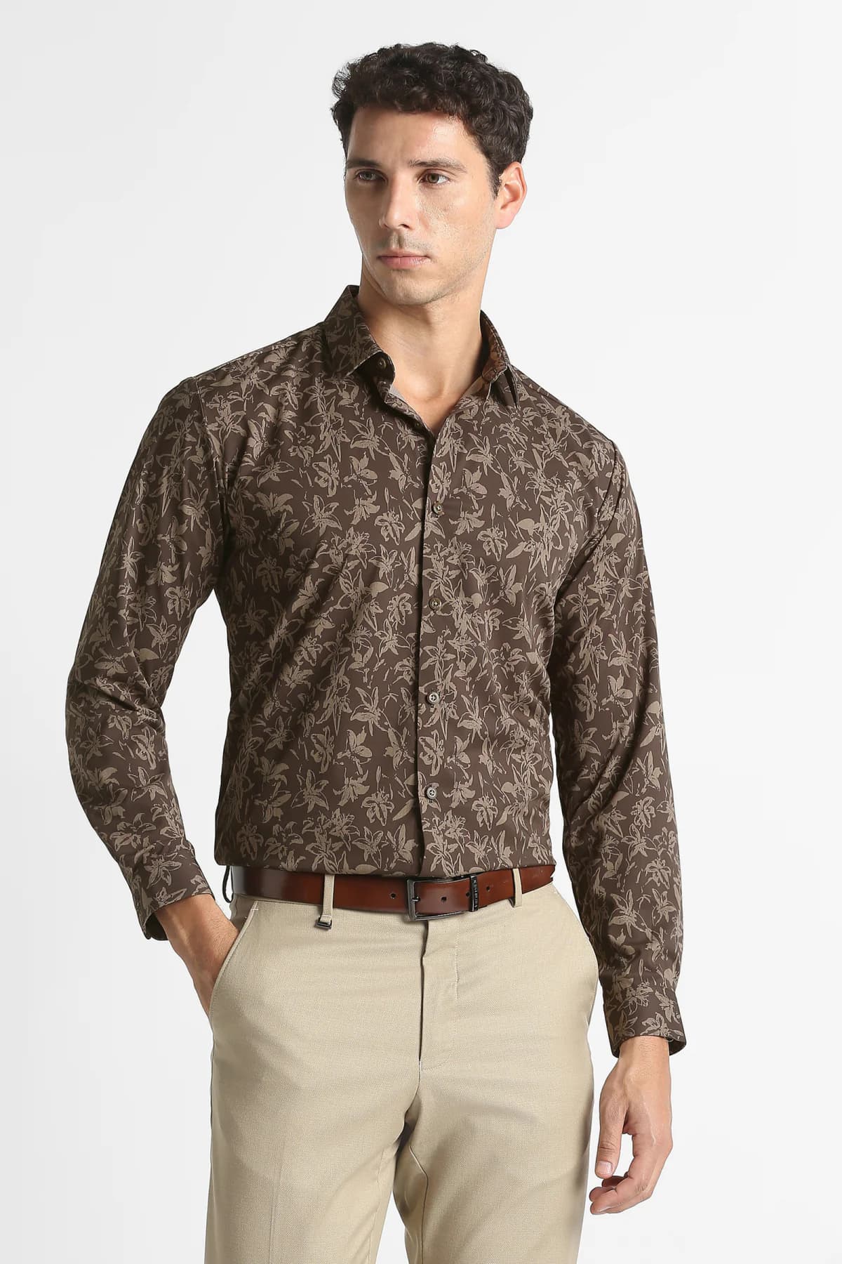Men's Brown Caual Slim Fit Printed Full Sleeves Shirt