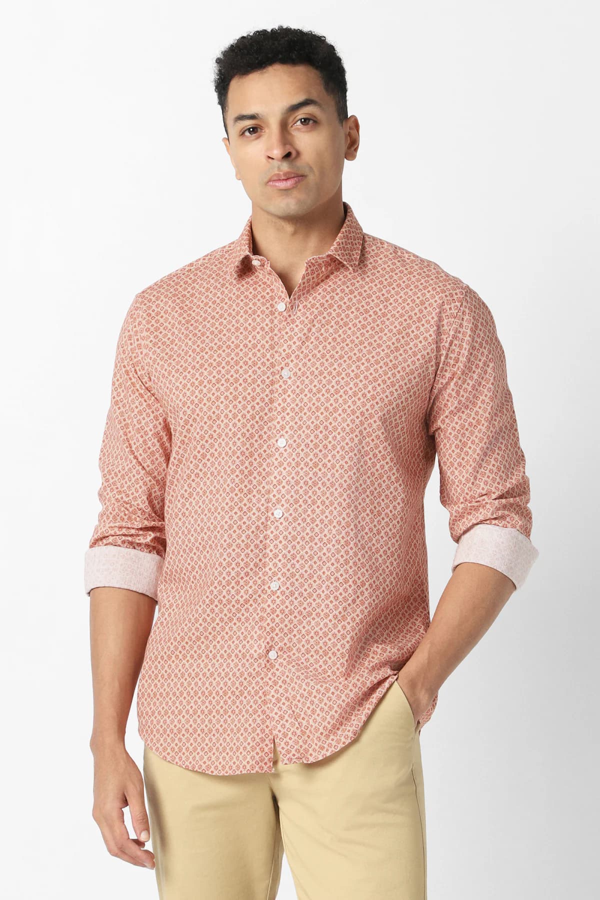 Men's Pink Caual Slim Fit Printed Full Sleeves Shirt