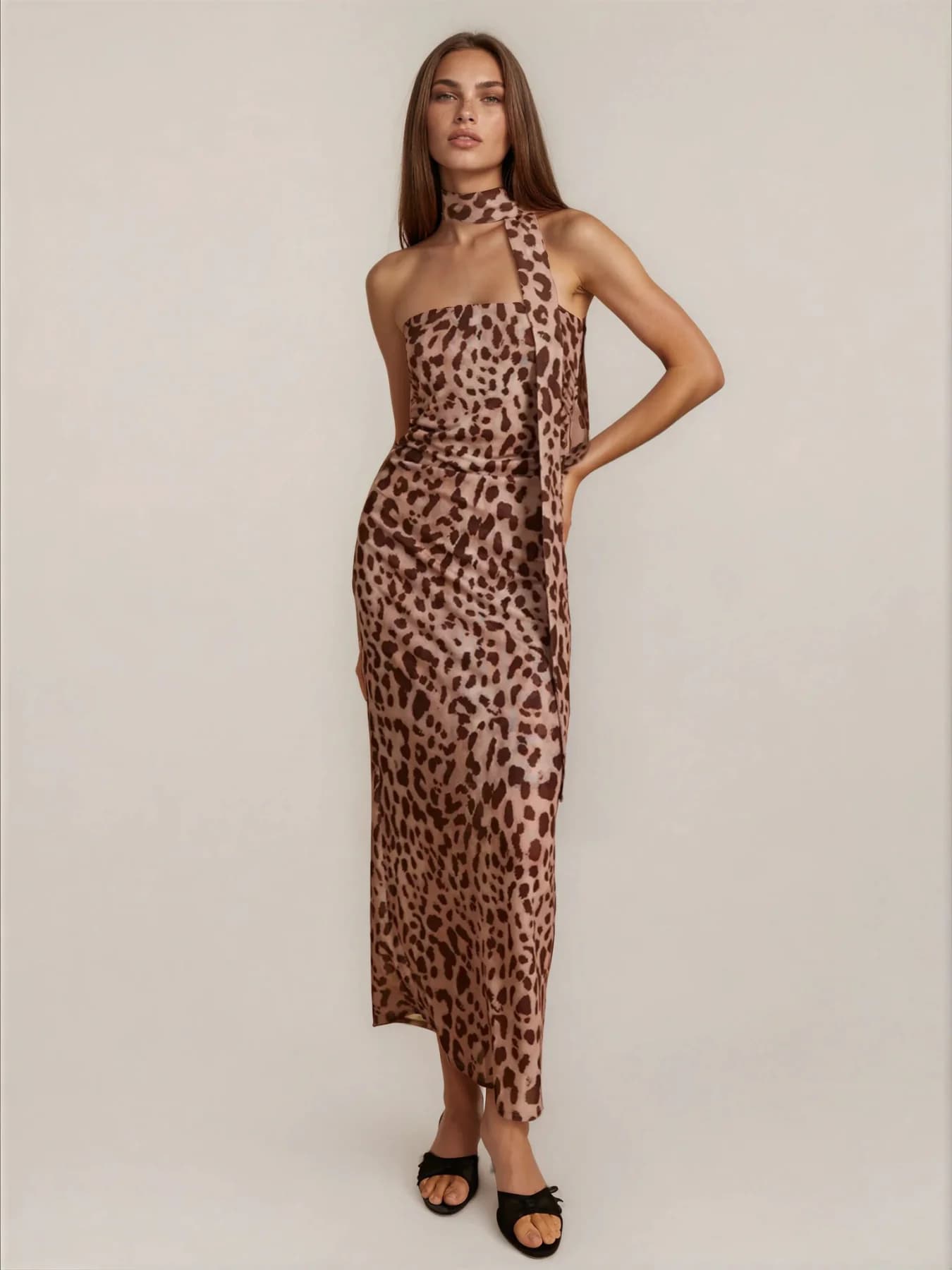 Women's Brown Casual Printed Sleeveless Midi Dress